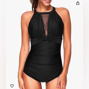 Women One Piece Swimsuit High Neck Plunge Ruched Tummy Control Bathing Suit